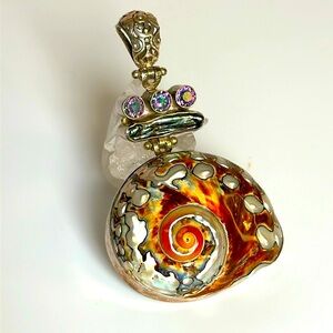 MAJESTIC FIRE TOPAZ 925 abalone pearl large polished sarmaticus shell pendant